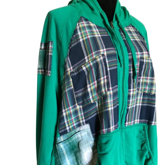 Upcycled Patchwork Hoodie, XL-1X: Grungy Zip-Up Hooded Jacket, A Little Bit Wild - Picture 6 of 11